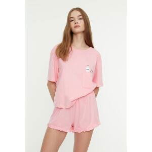 Trendyol Pink Cotton Printed T-shirt-Shorts Knitted Pajama Set