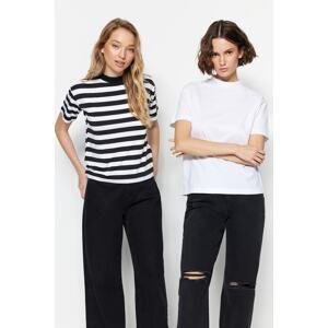 Trendyol White-Black and White Striped 2-Pack Basic Stand-Up Collar Knitted T-Shirt