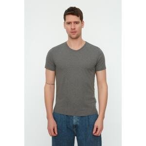Trendyol Anthracite Basic Slim V-Neck Short Sleeved 100% Cotton T-Shirt
