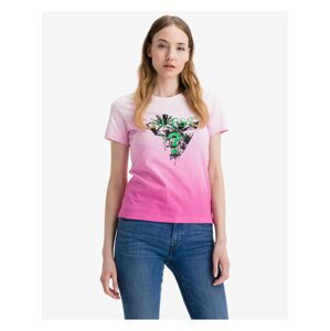 Růžové dámské tričko Guess Palms - Dámské
