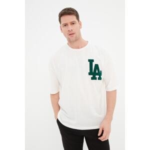 Trendyol Ecru Men's Oversize Short Sleeve Crew Neck LA Suzenene Embroidered 100% Cotton T-Shirt