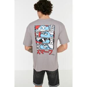 Trendyol Gray Men's Relaxed Fit Crew Neck Short Sleeved The Smurfs Licensed Printed T-Shirt