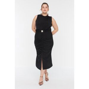 Trendyol Curve Black With a Belt, Fitted Knitted Drape and Slit Date Dress.