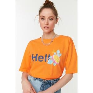 Trendyol Orange 100% Cotton Slogan Printed Relaxed/Wide, Comfortable Cut Crewneck Knitted T-Shirt