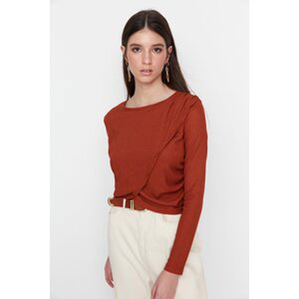 Trendyol Brown Crew Neck Crepe Knitted Blouse
