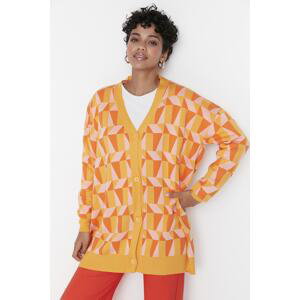 Trendyol Orange Pink Geometric Patterned Button Detailed Knitwear Cardigan