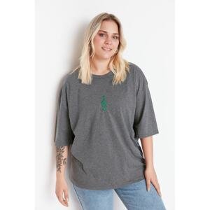 Trendyol Curve Anthracite Wide Pattern Knitted Embroidered T-Shirt