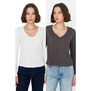 Trendyol Anthracite-White 100% Cotton 2-Pack Basic V-Neck Knitted T-Shirt