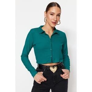 Trendyol Green Knitted Blouse with Buttons/Fitted Polo Neck Creme/Textured Crop