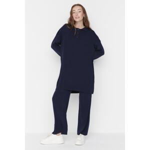 Trendyol Navy Blue Polo Collar Tunic-Pants Knitwear Suit