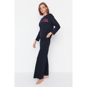 Trendyol Indigo Motto Printed Wide Leg, Knitted Pajamas Set