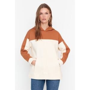 Trendyol Brown Color Block Hoodie 100% Cotton Knitted Sweatshirt