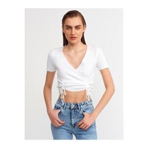 Dilvin 10194 Double Breasted Collar Front Gathered Knitwear Crop-ecru