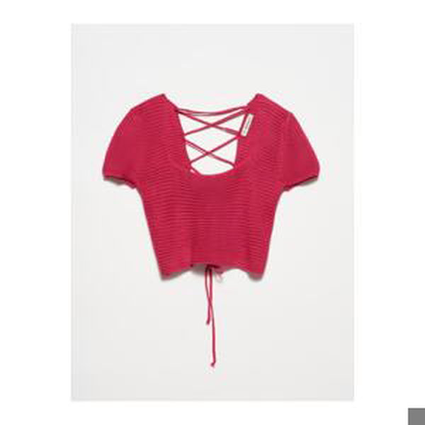 Dilvin Fuchsia Square Neck Lace-Up Back Short Sleeve Sweater
