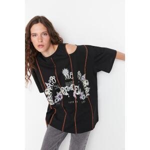 Trendyol Black 100% Cotton Printed Oversized/Wide Fit Crew Neck Knitted T-Shirt