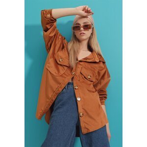 Trend Alaçatı Stili Women's Tan Velvet Cotton Double Pocket Oversized Jacket Shirt