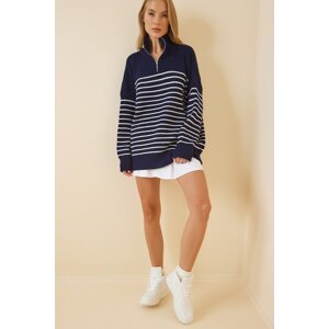 Happiness İstanbul Women's Navy Blue White Zippered Stand-Up Collar Striped Oversized Sweater