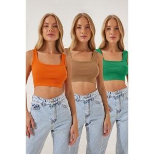 Happiness İstanbul Women's Biscuit Orange Green 3-Pack Halter Crop Knitted Blouse