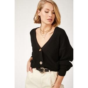 Happiness İstanbul Women's Black V-Neck Buttons Knitwear Cardigan