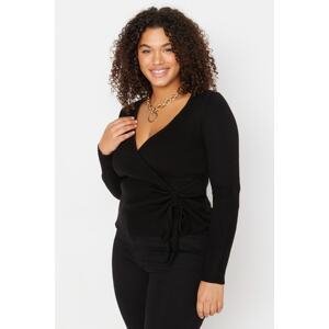 Trendyol Curve Black V-neck Knitted Sweater with Gather Detail