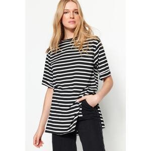 Trendyol Black Striped Slit Detailed Oversize/Wide Fit Crew Neck Knitted T-Shirt