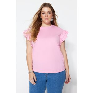 Trendyol Curve Pink Knitted Crewneck T-Shirt with Frill sleeves