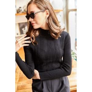 Olalook Women's Black Half Turtleneck Zigzag Textured Soft Knitwear Sweater