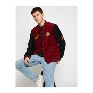 Koton Fleece College Jacket Bomber Collar Embroidered Detailed With Snaps.