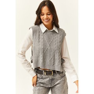 Olalook Women's Gray Tied Side Knitwear Sweater