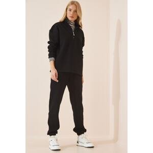 Happiness İstanbul Women's Black Zippered Stand-Up Collar Knitted Tracksuit Set