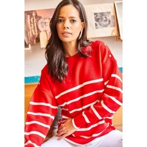 Olalook Women's Red Striped Knitwear Sweater with Button on the Shoulder