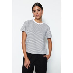 Trendyol Black Ecru Striped Premium Basic Regular/Normal Pattern Crew Neck Knitted T-Shirt