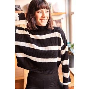 Olalook Women's Black Striped Half Turtleneck Crop Knitwear Sweater