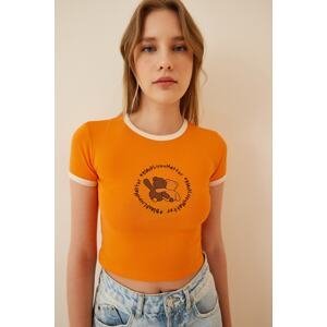 Happiness İstanbul Women's Orange Teddy Bear Printed Crop Knitted T-Shirt