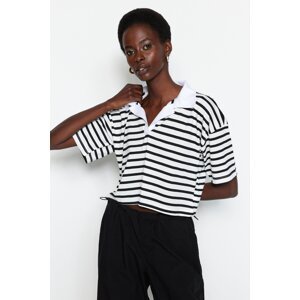 Trendyol Black Striped Relaxed/Wide Relaxed Cut Crop Polo Collar Knitted T-Shirt