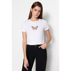 Trendyol White 100% Cotton Butterfly Embroidery Crop Crew Neck Knitted T-Shirt