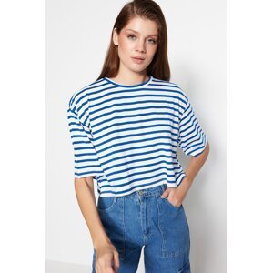 Trendyol Navy Blue Striped Relaxed/Wide Relaxed Cut Crop Crew Neck Knitted T-Shirt