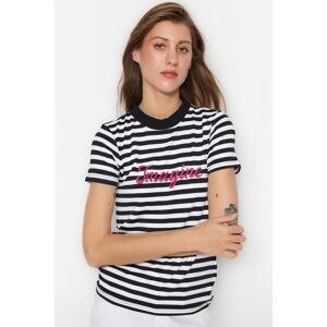 Trendyol Black Stripe and Slogan Embroidery Basic Fit Stand Up Collar Knitted T-Shirt