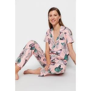 Trendyol Pink 100% Cotton Butterfly Patterned Shirt-Pants Knitted Pajama Set