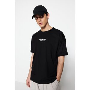 Trendyol Men's Black Oversize 100% Cotton Minimal Text Printed T-Shirt