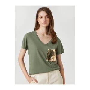 Koton Sequin Embroidered T-Shirt Short Sleeves V-Neck