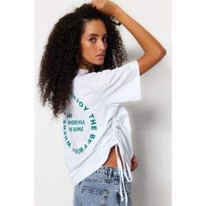 Trendyol White 100% Cotton Back Printed Shirred Detail Boyfriend Fit Crew Neck T-Shirt