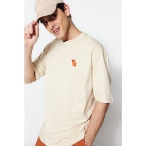 Trendyol Beige Men's Oversize/Wide Cut Crew Neck Short Sleeve Fox Embroidered 100% Cotton T-Shirt.