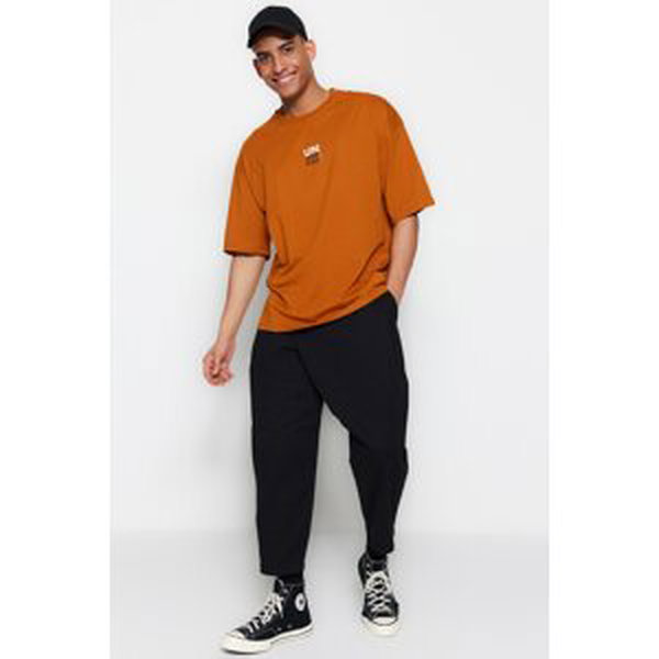 Trendyol Orange Men's Oversize Fit Text Printed Short Sleeve 100% Cotton T-Shirt