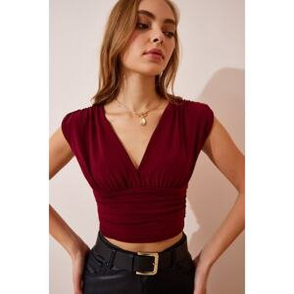 Happiness İstanbul Women's Burgundy Deep V-Neck Crop Sandy Knitted Blouse