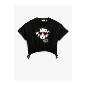Koton Short-Sleeved Crop T-Shirt with a Dog Printed Elastic Waist Crew Collar Glittery Cotton.