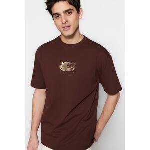 Trendyol Brown Men's Relaxed/Casual Cut Printed 100% Cotton T-Shirt