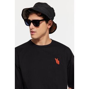 Trendyol Men's Black Oversize Crew Neck Short Sleeve Fox Embroidered 100% Cotton T-Shirt