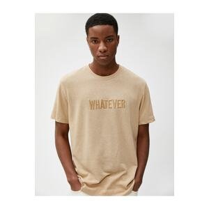Koton Embroidered Motto Textured T-Shirts, Crew Neck Short Sleeves.