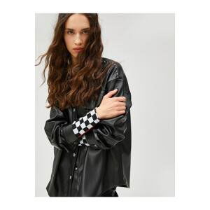 Koton Leather Jacket Oversize Pockets Studded Detailed Shirt Collar